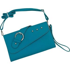 Teal Pebbled Faux Leather Buckle Accent Crossbody Clutch Purse